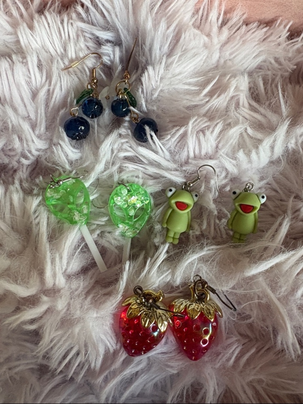 Cute Kids Frog, Strawberry & Lollipop Earrings Set - Green, Red, Blue